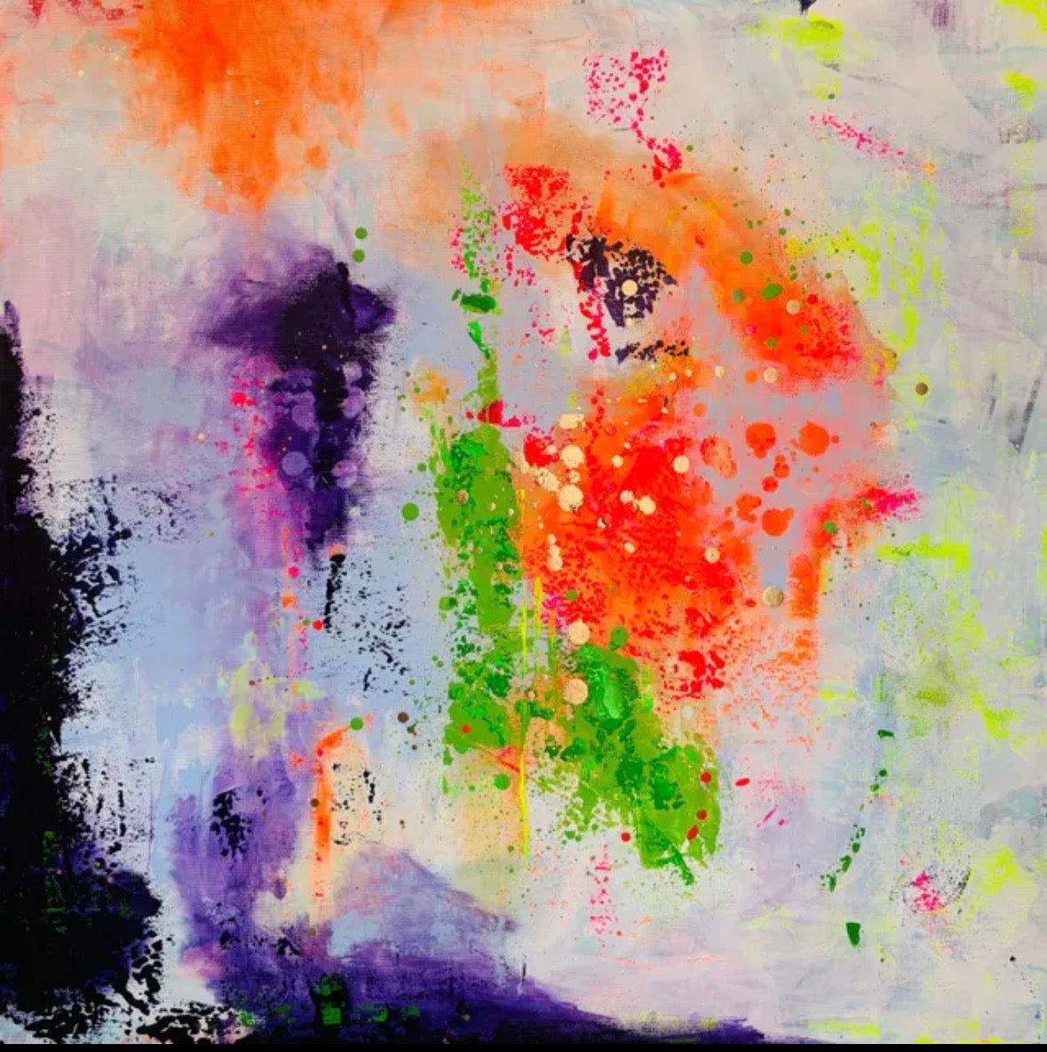 Expressives, abstraktes Acrylgemälde von Diana Gumz. Das Bild zeigt einen starken Kontrast: Auf der linken Seite dominieren tiefe, dunkle Blau- und Violetttöne, die in der Mitte auf eine explosive, grelle Farbmischung aus Neon-Grün, Orange und Pink treffen.