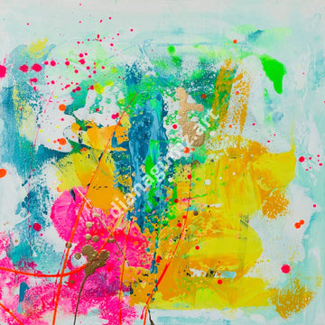 Großes, quadratisches abstraktes Original-Gemälde 'Having Fun 1/2' von Diana Gumz (60x60 cm) auf Leinwand. Die dynamische Komposition zeigt leuchtendes Gelb, Pink, Lime-Grün und Teal-Blau, durchzogen von roten Drip-Linien und kleinen goldenen Spritzern, die Spielfreude und Lebendigkeit ausstrahlen.