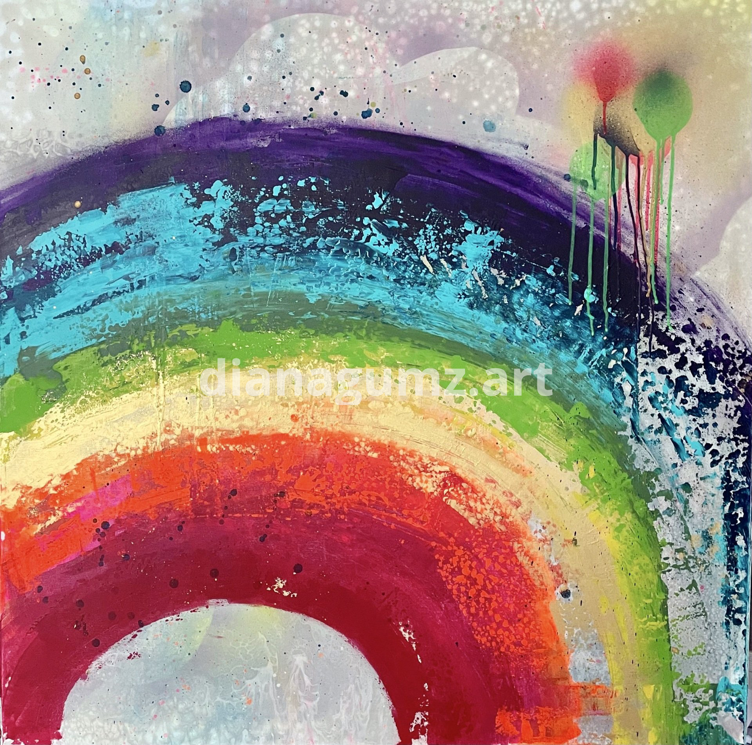 Großes, quadratisches Acrylgemälde von Diana Gumz. Ein abstrakter Regenbogen in dicken, stark texturierten Farbschichten (Magenta, Orange, Gelb, Grün, Türkis, Violett). Oben rechts verlaufen gesprayte Farbflecken im Graffiti-Stil nach unten über das Bild.
