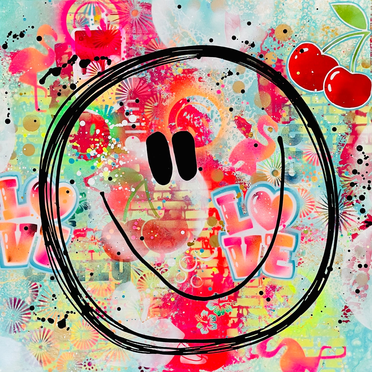 Das bunte, abstrakte Acrylgemälde "Cherry Smile" von der Kieler Künstlerin Diana Gumz. Ein fröhliches Smiley-Motiv mit leuchtenden Neonfarben, Flamingos, Kirschen und dem Schriftzug "LOVE".