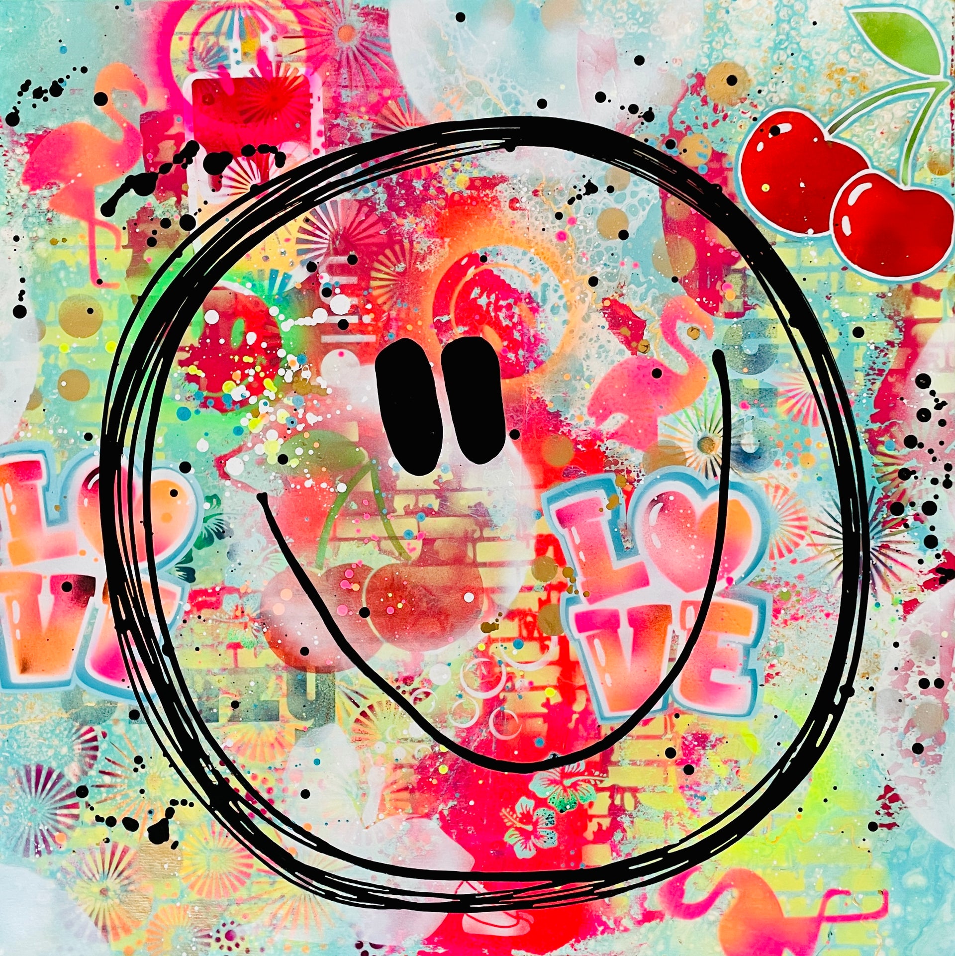 Das bunte, abstrakte Acrylgemälde "Cherry Smile" von der Kieler Künstlerin Diana Gumz. Ein fröhliches Smiley-Motiv mit leuchtenden Neonfarben, Flamingos, Kirschen und dem Schriftzug "LOVE".