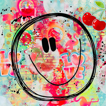 Das bunte, abstrakte Acrylgemälde "Cherry Smile" von der Kieler Künstlerin Diana Gumz. Ein fröhliches Smiley-Motiv mit leuchtenden Neonfarben, Flamingos, Kirschen und dem Schriftzug "LOVE".