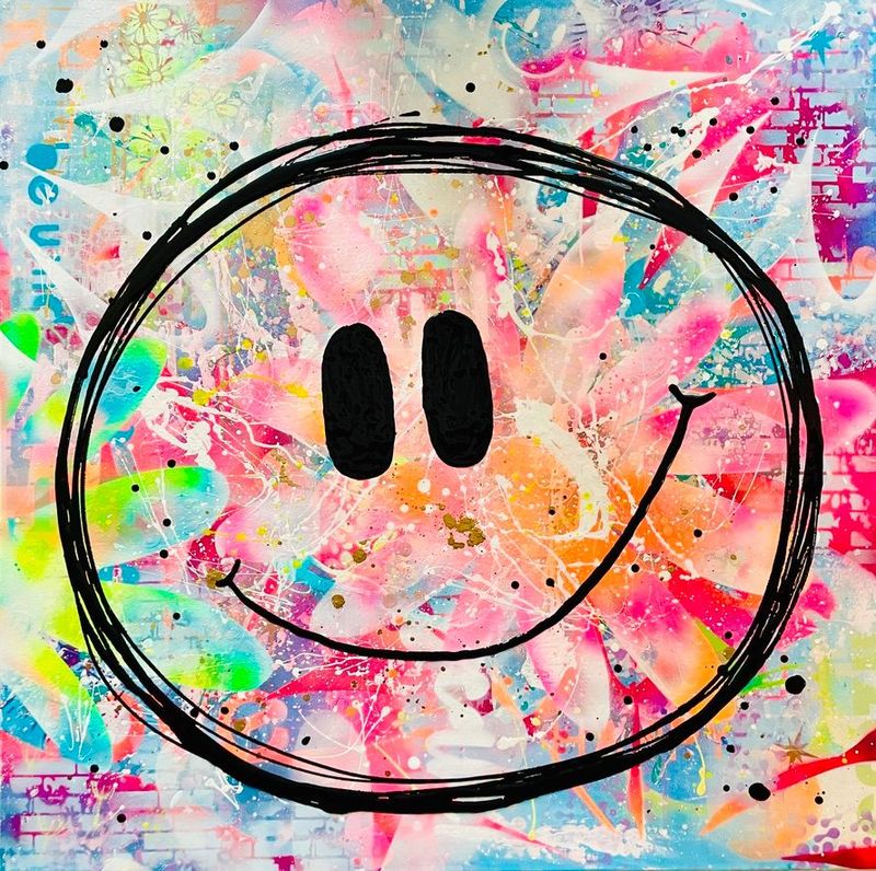 Großes, quadratisches Pop-Art-Gemälde von Diana Gumz. Ein dicker, schwarzer Smiley ist über einen extrem bunten, abstrakten Hintergrund aus leuchtendem Neon-Pink, Türkis, Gelb und Grün gezeichnet.