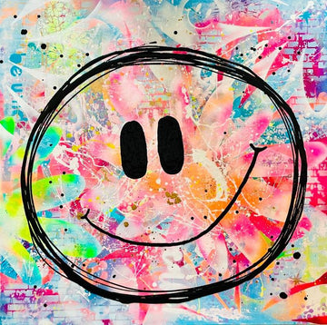 Großes, quadratisches Pop-Art-Gemälde von Diana Gumz. Ein dicker, schwarzer Smiley ist über einen extrem bunten, abstrakten Hintergrund aus leuchtendem Neon-Pink, Türkis, Gelb und Grün gezeichnet.