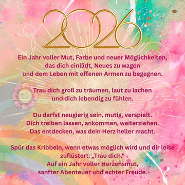 Farbenfrohe Kunst-Postkarte in rosa und pastell für das Jahr 2026 von Künstlerin Diana Gumz. Darauf steht ein inspirierender, mutmachender Text für das neue Jahr.