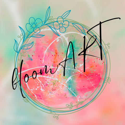 Grafik für den Workshop 'bloomART' zur Frühlingsgleiche. Ein zarter, gezeichneter Blumenkranz umschließt abstrakte, leuchtende Frühlingsfarben in Pink und Türkis mit dem geschwungenen Schriftzug 'bloom ART'