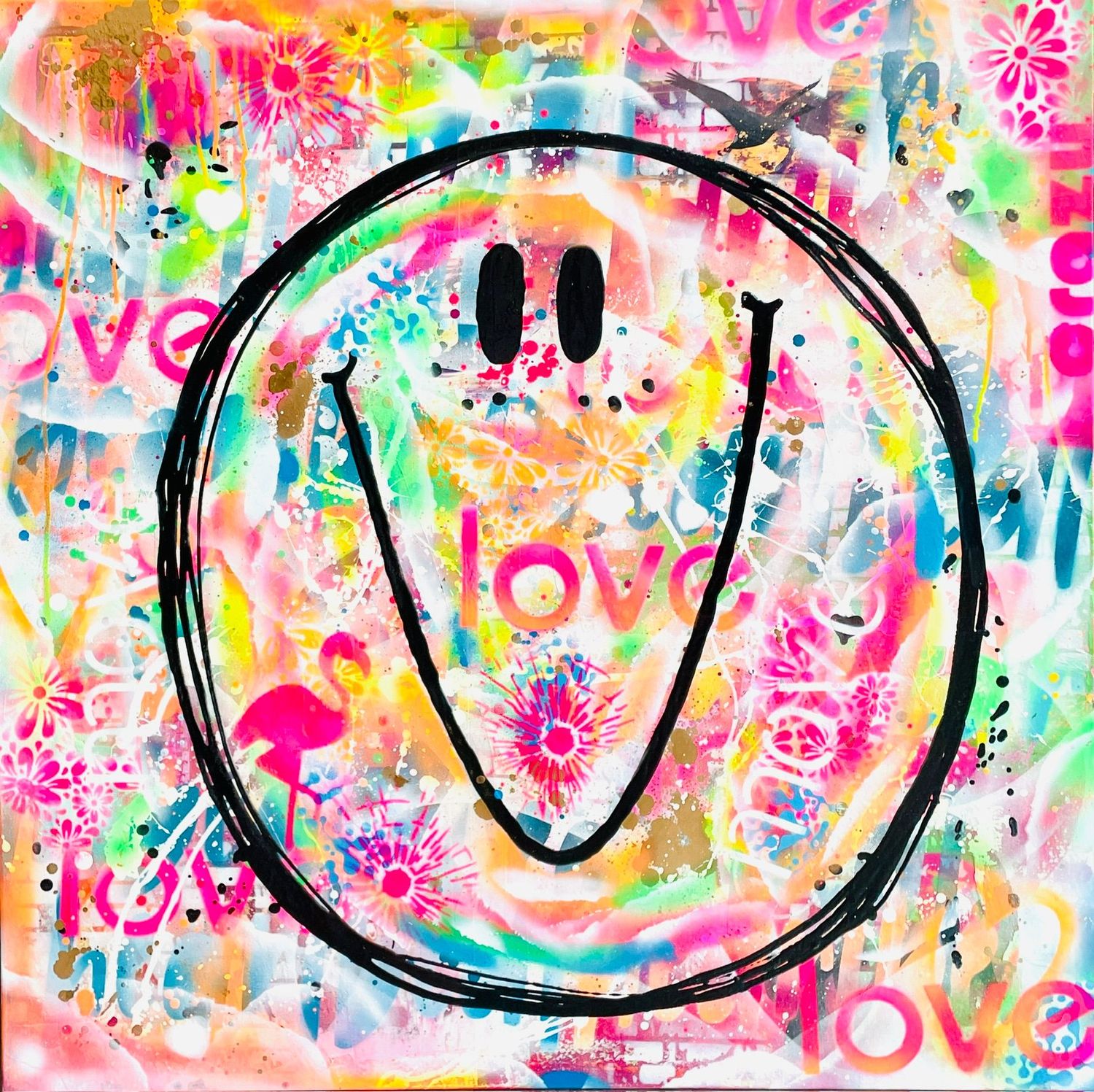 Großes Pop-Art Acrylgemälde von Diana Gumz. Im Zentrum steht das grob gezeichnete, lachende Gesicht eines schwarzen Smileys. Der Hintergrund ist eine absolute Farbexplosion im Graffiti-Style mit Neonpink, Gelb, Limonengrün und Blau. Zu entdecken gibt es Farbspritzer, Blumen-Motive, das gesprayte Wort 'love' und die Silhouette eines pinken Flamingos.