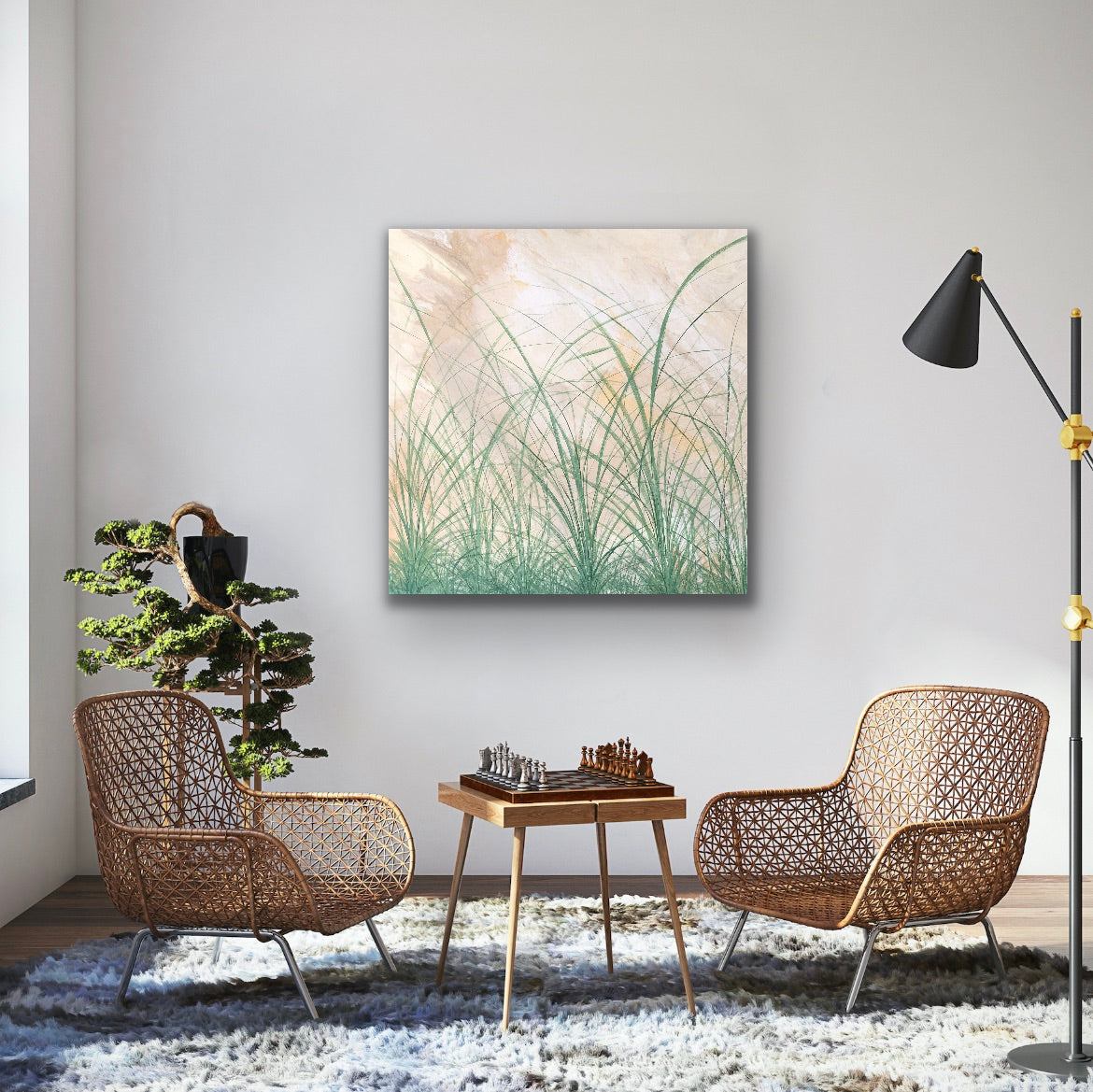 Das abstrakte Acrylgemälde 'Strandhafer' (100x100 cm) von der Kieler Künstlerin Diana Gumz. Ein maritimes Kunstwerk in hellen Farben, das die Küste zeigt.