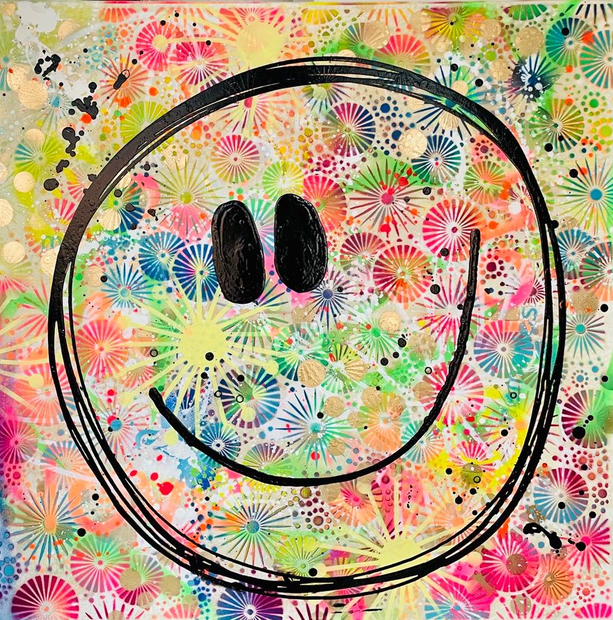 untes, quadratisches Pop-Art-Gemälde 'Summer Smile' von Diana Gumz. Auf einem Hintergrund mit vielen feinen, kreisförmigen Mustern, die an Pusteblumen oder Sonnen erinnern, ist ein großer schwarzer Smiley gezeichnet.