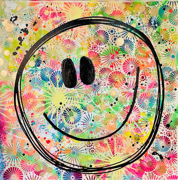 untes, quadratisches Pop-Art-Gemälde 'Summer Smile' von Diana Gumz. Auf einem Hintergrund mit vielen feinen, kreisförmigen Mustern, die an Pusteblumen oder Sonnen erinnern, ist ein großer schwarzer Smiley gezeichnet.