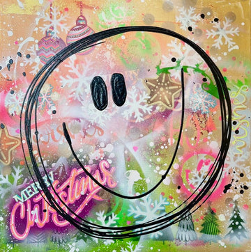Buntes, quadratisches Pop-Art Gemälde für Weihnachten. Ein großer schwarzer Smiley lacht umgeben von weißen Schneeflocken, kleinen Tannenbäumen, einem Lebkuchenstern und einem leuchtend pinken 'Merry Christmas' Schriftzug im Graffiti-Stil.